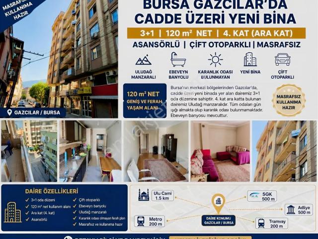 Gazcılarda Asansörlü Otoparklı Yeni Bina Ara Kat 120m2 3+1 Daire