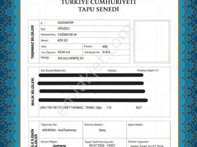 Gaziantep Oguz Eli Müstakil Ev Tapu Sahibi Perta Emlak Ümit Tahmaz