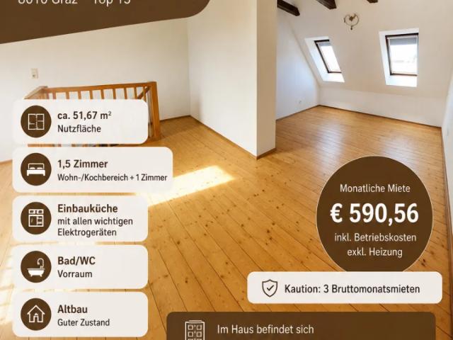 Gemütliche Dachgeschosswohnung in zentraler Top Lage Nähe TU Graz zur Miete !