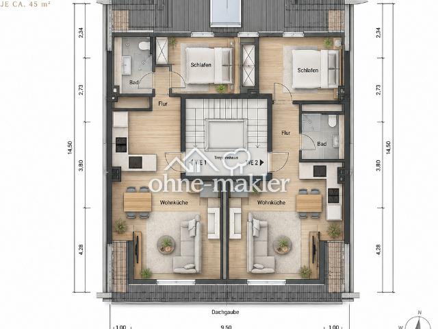 Genehmigter DG Rohling in Düsseldorf Heerdt – zwei Mal ca. 47 m² – jeweils nur 59.000 €