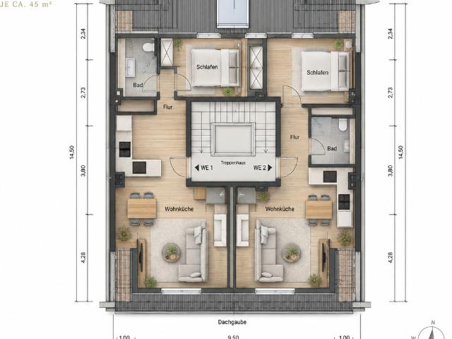 Genehmigter DG Rohling in Düsseldorf Heerdt – zwei Mal ca. 47 m² – jeweils nur 59.000 €