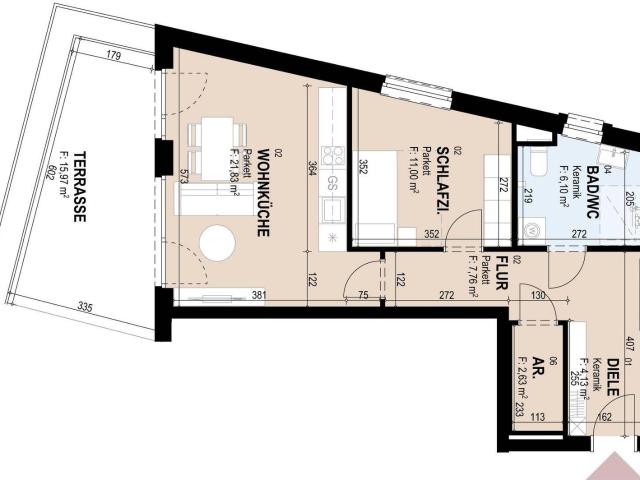 Geförderte Neubauwohnung mit Terrasse im 1. Stock