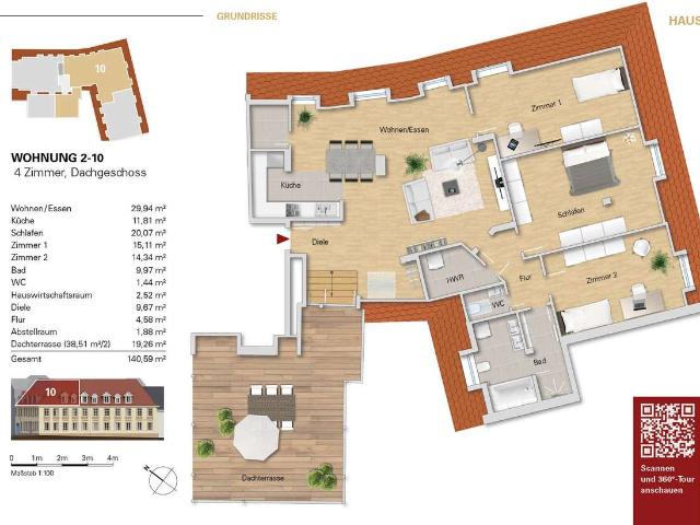 Große 4 Zi. Wohnung im 2.OG, WE 2 10 mit großer Dachterrasse