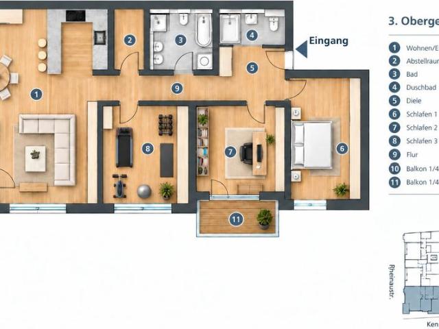 Großzügige 4 Zimmer Wohnung mit Rheinblick und Garagenstellplatz