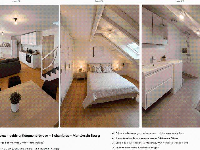 Grand duplex meublé entièrement rénové – 3 chambres – env. 90 m² au sol – Montévrain Bourg