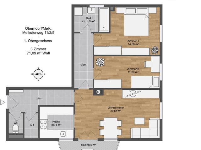 Günstige 3 Zimmerwohnung mit Balkon in Oberndorf/Melk