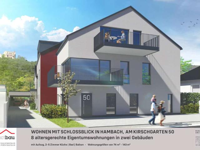 Hambach! Ortsrand! Schlossblick! Barrierefrei! WHG N2: 2ZKB im EG mit Terrasse und Garten