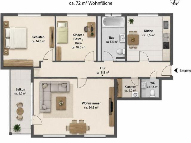 Helle 3 Zimmerwohnung 72 m2 mit Balkon und Weitblick