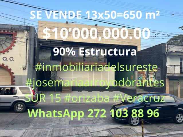 INMUEBLE COMERCIAL 13x50=650 m² Enfrente TelMex SUR 15 ORIZABA VERACRUZ Cp94300