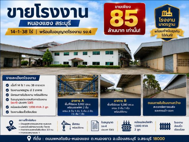 ขายโรงงานมาตรฐาน 14 ไร่กว่า พร้อมใบ รง4 หนองแซง สระบุรี