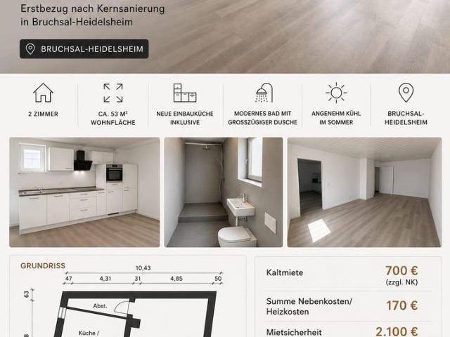 Kernsanierte 2 Zimmer Wohnung mit großer Wohnküche in Bruchsal Heidelsheim