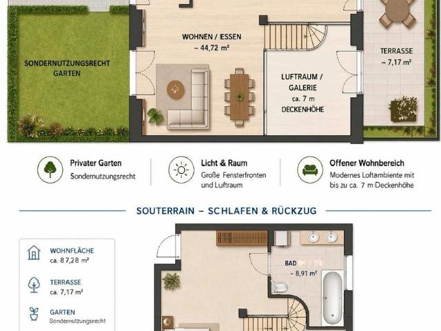 knapp 100m² Maisonette Loft + privatem Garten & Terrasse