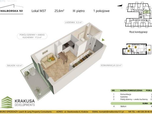 Nowoczesne studio z balkonem w Malborska 151, 25,6 m2