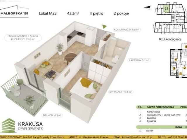 Nowoczesne 2 pokojowe mieszkanie z balkonem 43 m² w Krakowie