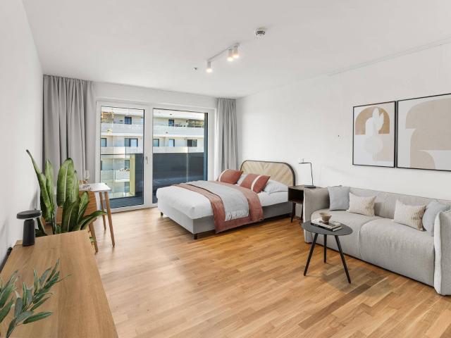 Kurzzeitmiete: Studio Large möbliert mit Zugang zu Fitness, Co Working, Dachterrasse, Kinoraum