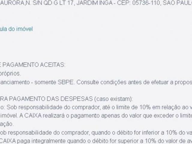 Leilão de Terreno, Oportunidade 66% de desconto. Terreno com 260m² no Jardim Inga SP| Financia