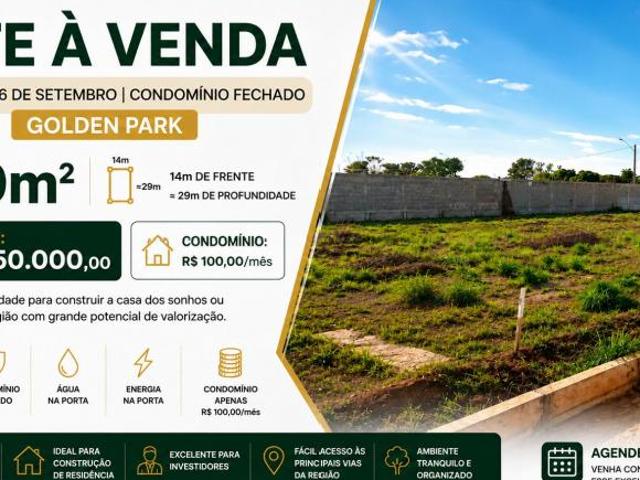 Lote à Venda 26 de Setembro | Rua 3 | Golden Park | 400m² | Condomínio Fechado | 14x29m | R$ 150 Mil