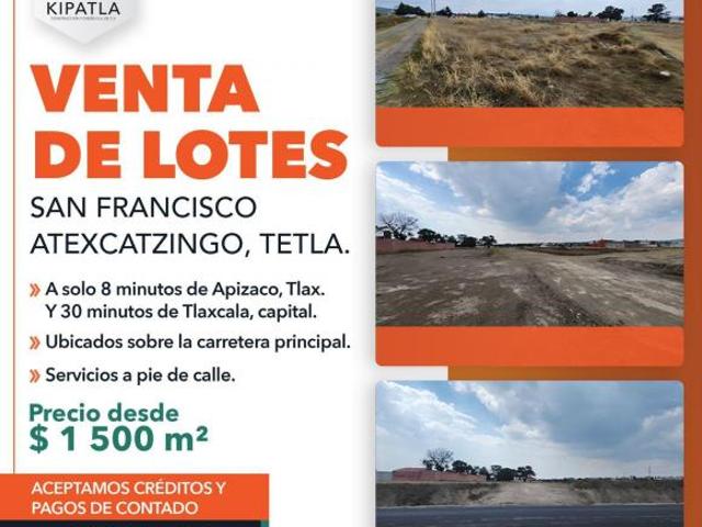 LOTES CON SERVICIOS EN SAN FCO. ATEXCATZINGO A 10 MIN. DE APIZACO TLAX