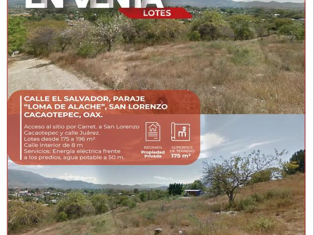 Lotes en venta en el Paraje Lomas de Alache, San Lorenzo Cacaotepec, Oax