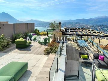 Lugano, Aldesago: 5,5 Zimmer Penthouse mit Seeblick und Terrasse