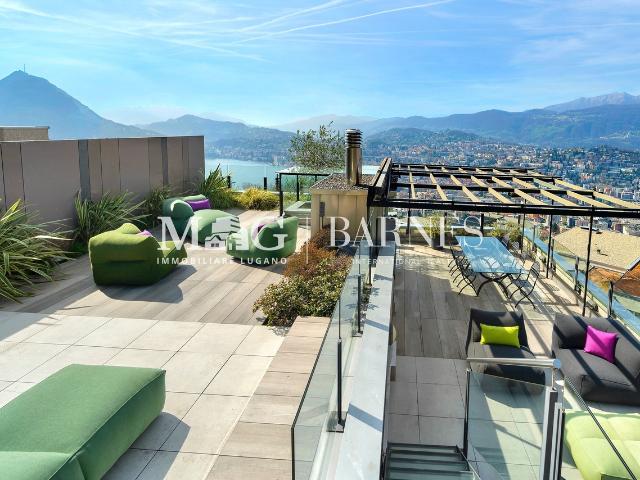 Lugano, Aldesago: 5,5 Zimmer Penthouse mit Seeblick und Terrasse