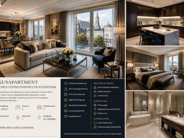 Luxus Hotelresidenz in Wiens Bestlage,150 m², 5 Sterne Service +Wellness und Conciergeservice, Voll möbliert