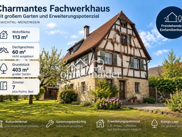 Mietkaufoption: Fachwerkhaus mit Erweiterungspotenzial in Kraichtal Menzingen mit 400 m² Grundstück