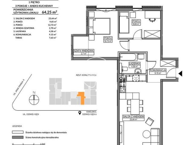 Mieszkanie na sprzedaż 3 pokoje bydgoski, 64,17 m2, 1 piętro