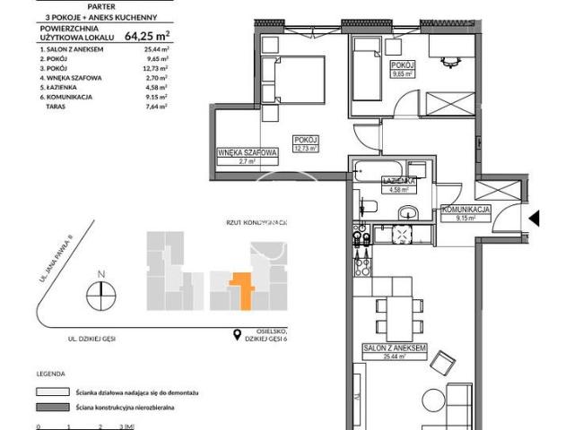 Mieszkanie na sprzedaż 3 pokoje bydgoski, 64,12 m2, parter