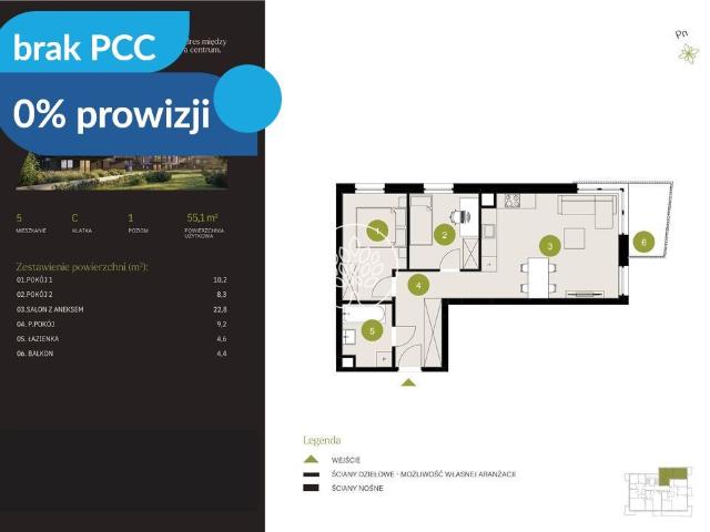 Mieszkanie na sprzedaż 3 pokoje Bydgoszcz Flisy, 55,10 m2, 1 piętro