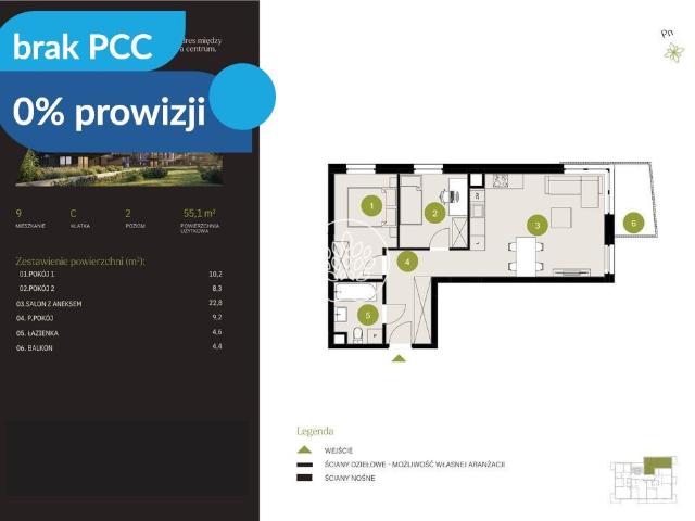 Mieszkanie na sprzedaż 3 pokoje Bydgoszcz Flisy, 55,10 m2, 2 piętro