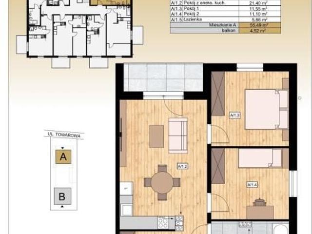 Mieszkanie na sprzedaż 3 pokoje Stargard, 55,49 m2, 1 piętro