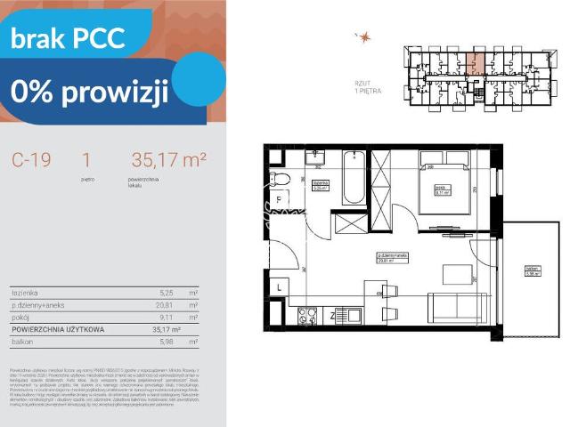 Mieszkanie na sprzedaż 2 pokoje Bydgoszcz Czyżkówko, 35,19 m2, 1 piętro