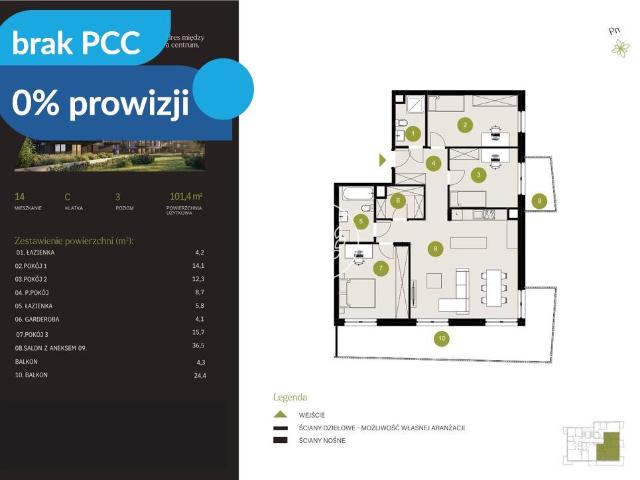 Mieszkanie na sprzedaż 4 pokoje Bydgoszcz Flisy, 101,40 m2, 3 piętro