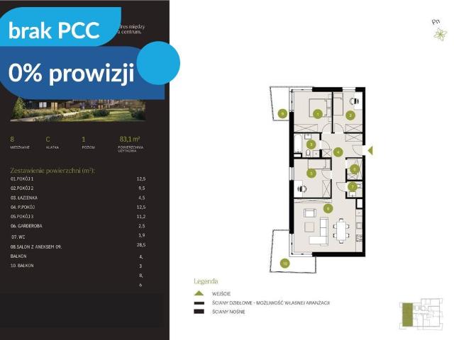 Mieszkanie na sprzedaż 4 pokoje Bydgoszcz Flisy, 83,10 m2, 1 piętro