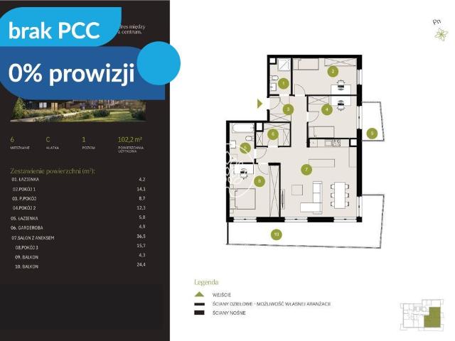 Mieszkanie na sprzedaż 5 pokoi Bydgoszcz Flisy, 102,20 m2, 1 piętro