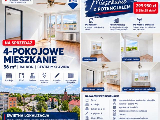 Mieszkanie, Sławno, Adama Mickiewicza, 56.00 m², sprzedam mieszkanie