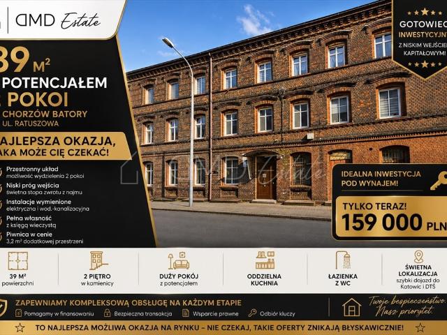 Mieszkanie 39 m² w Chorzowie potencjał 2 pokoi, niski próg