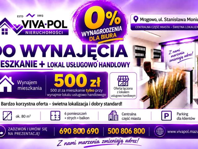 Mieszkanie 80 m² z kuchnią z oknem na wynajem ul. Moniuszki, Mrągowo