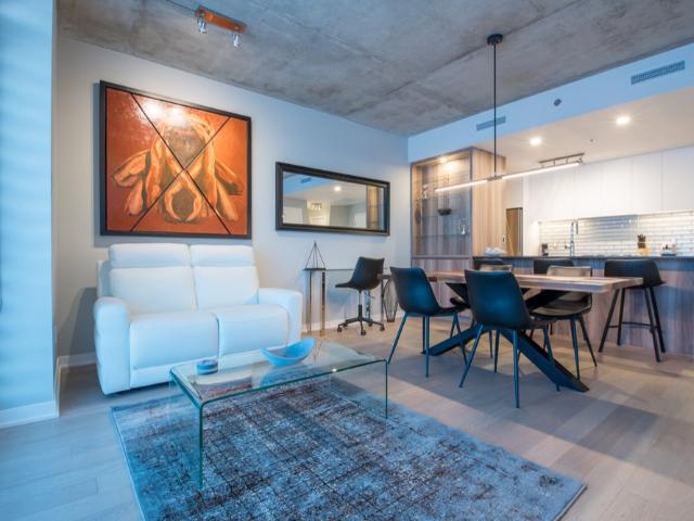 Montreal Furnished Condo Rental at Solar Uniquartier Stunning 1 Bed, 1 Bath with Beautiful Modern Kitchen and Balcony in Brossard