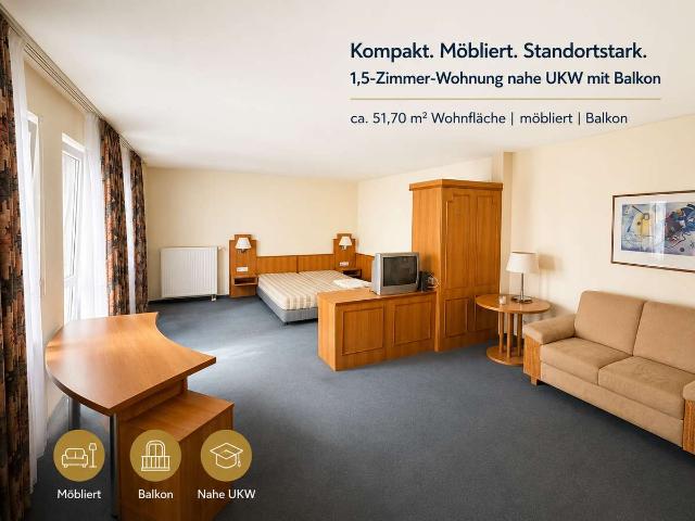 Möblierte 1,5 Zimmer Wohnung mit Balkon nahe UKW – auch für kurzfristige Beherbergung geeignet