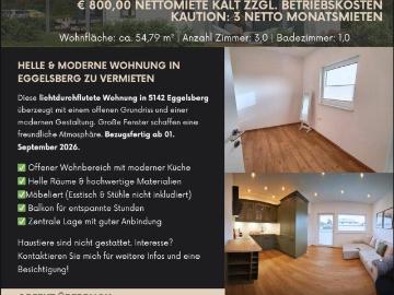 Möblierte Wohnung inmitten Eggelsberg zu vermieten ab 01. SEPTEMBER 2026