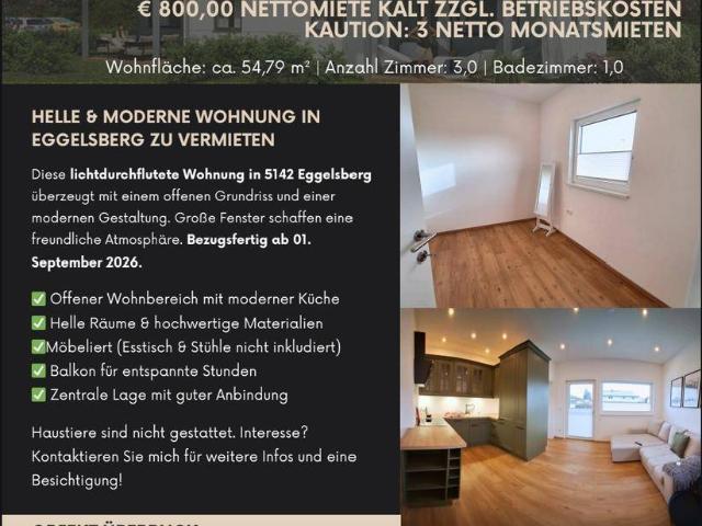 Möblierte Wohnung inmitten Eggelsberg zu vermieten ab 01. SEPTEMBER 2026