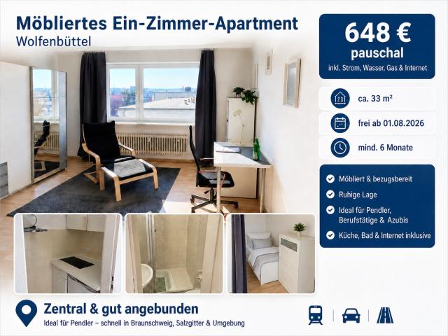 Möbliertes 1 Zimmer Apartment in Wolfenbüttel | 648 € Pauschalmiete
