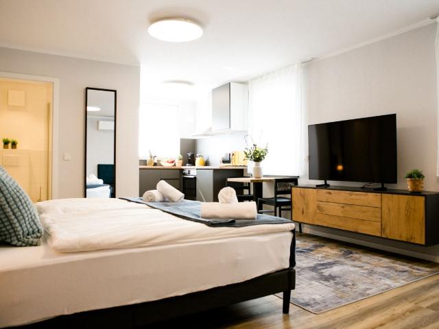 Modern & Cozy Studio with Designer Kitchen, Dining Area & Smart TV, Sankt Augustin Amsterdam Apartments for Rent