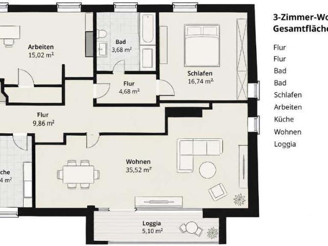 Modern geschnittene 3 Zi. Whg. mit Süd Loggia 1520/29