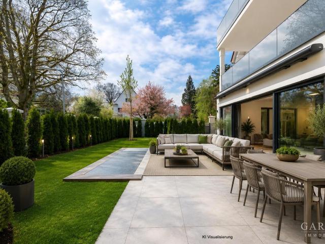 Moderne Gartenwohnung mit außergewöhnlichem Wohnkomfort und privater Wohlfühloase in Harlaching