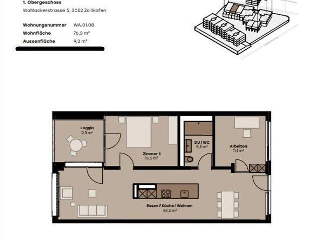 Moderne 2.5 Zimmer Wohnung in Zollikofen Neubau mit Balkon und Ti.