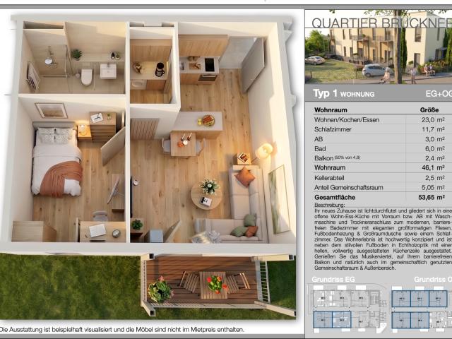Moderne 2 Zimmer Wohnung für Seniorinnen und Senioren mit Balkon oder Terrasse – selbstbestimmt Wohnen im Quartier Bruckner