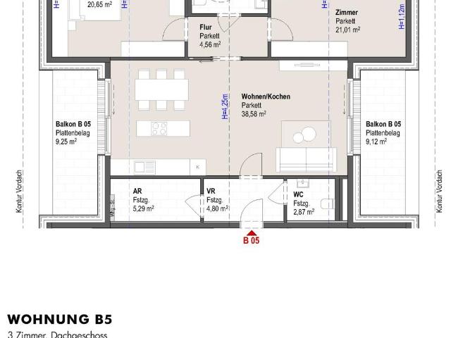 Moderne 3 Zimmer Dachgeschosswohnung mit Zwei Balkonen in Ruhiger Lage